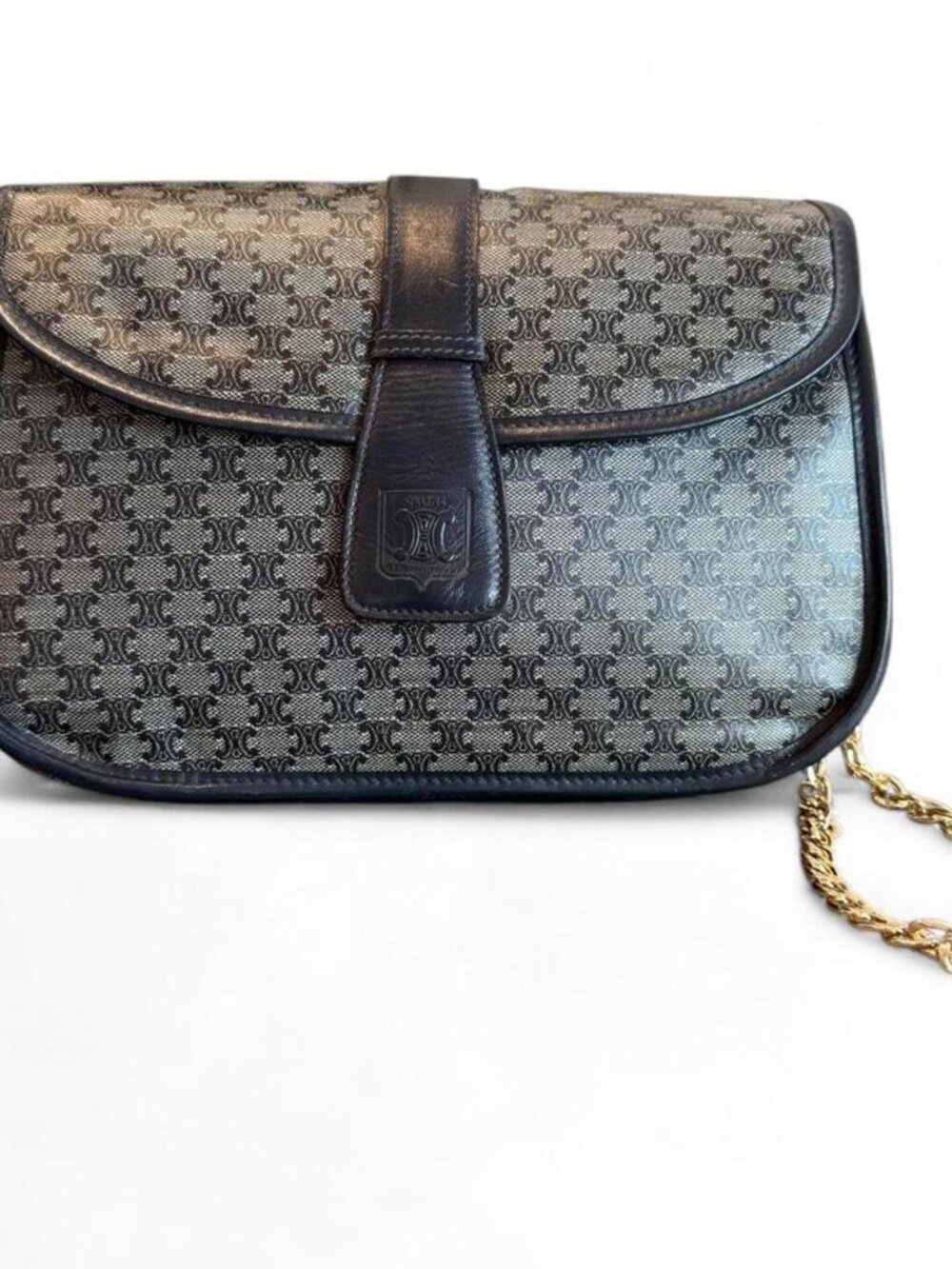 Celine Navy Blue Monogram leather and PVC Bag with Gold Chain - Picture 2 of 13